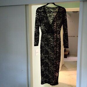 Black Stretch Floral Lace Midi Pencil  Plunge Neckline Long Sleeve Dress Sz S